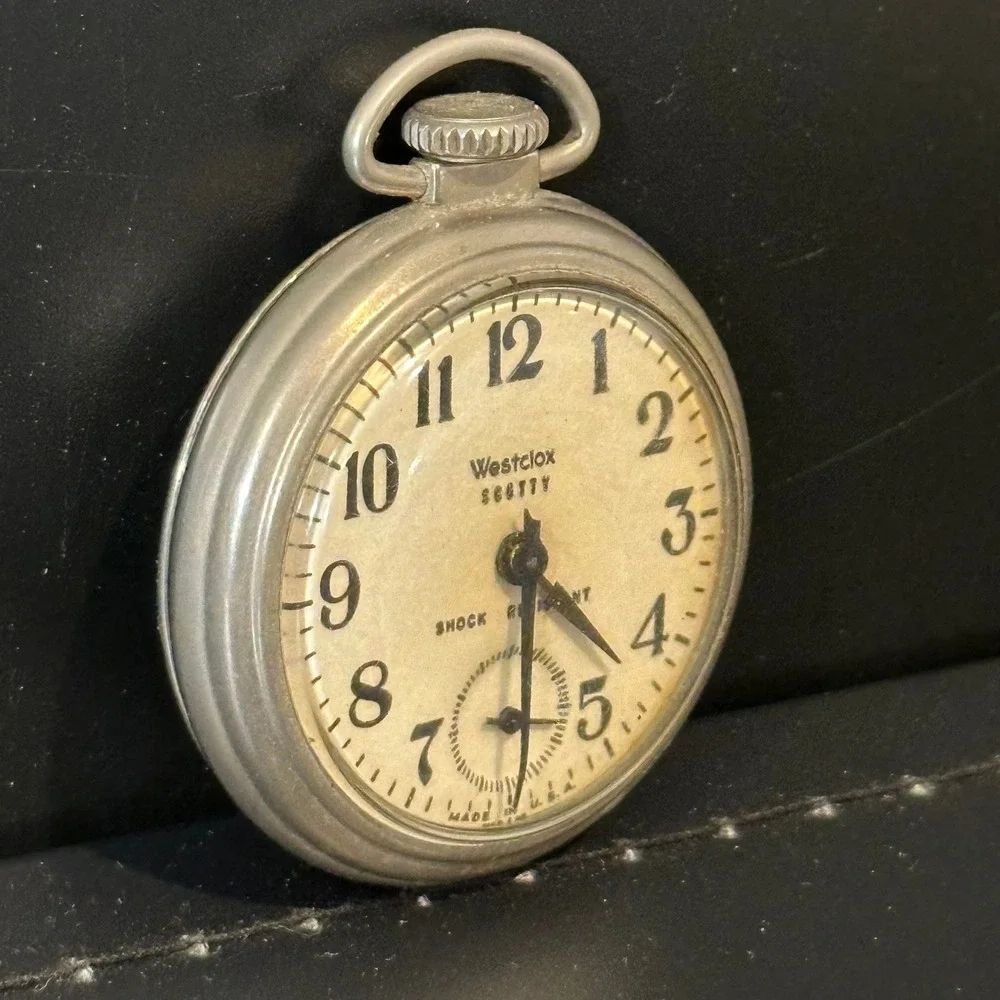 Vintage‎ Westclox Scotty Pocket Watch Shock Resistant Made in USA Silver Tone